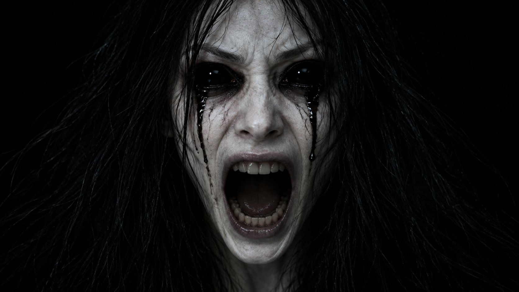 Pale supernatural woman with black eyes, black tears and long black hair